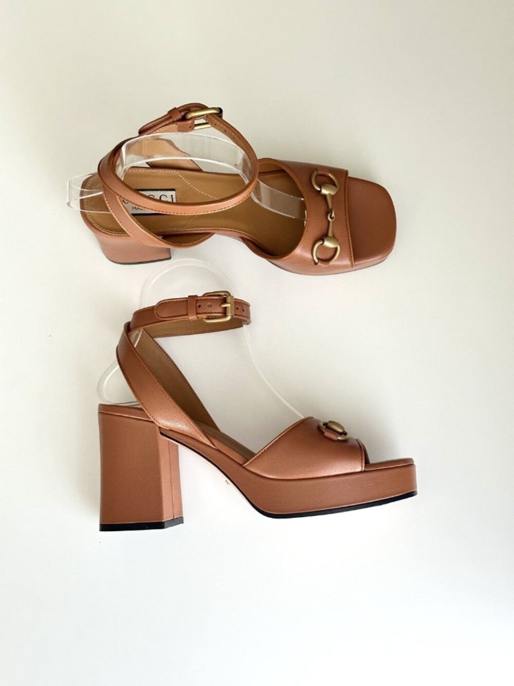 GUCCI Brown Leather Horsebit Chunky Heel Ankle Wrap Platform Sandals Size 38